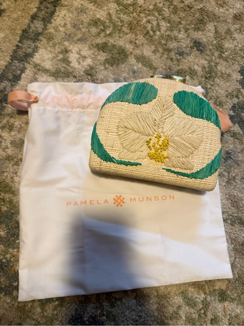 Pamela Munson Cream Straw Coin Purse with Green Floral Embroidery
